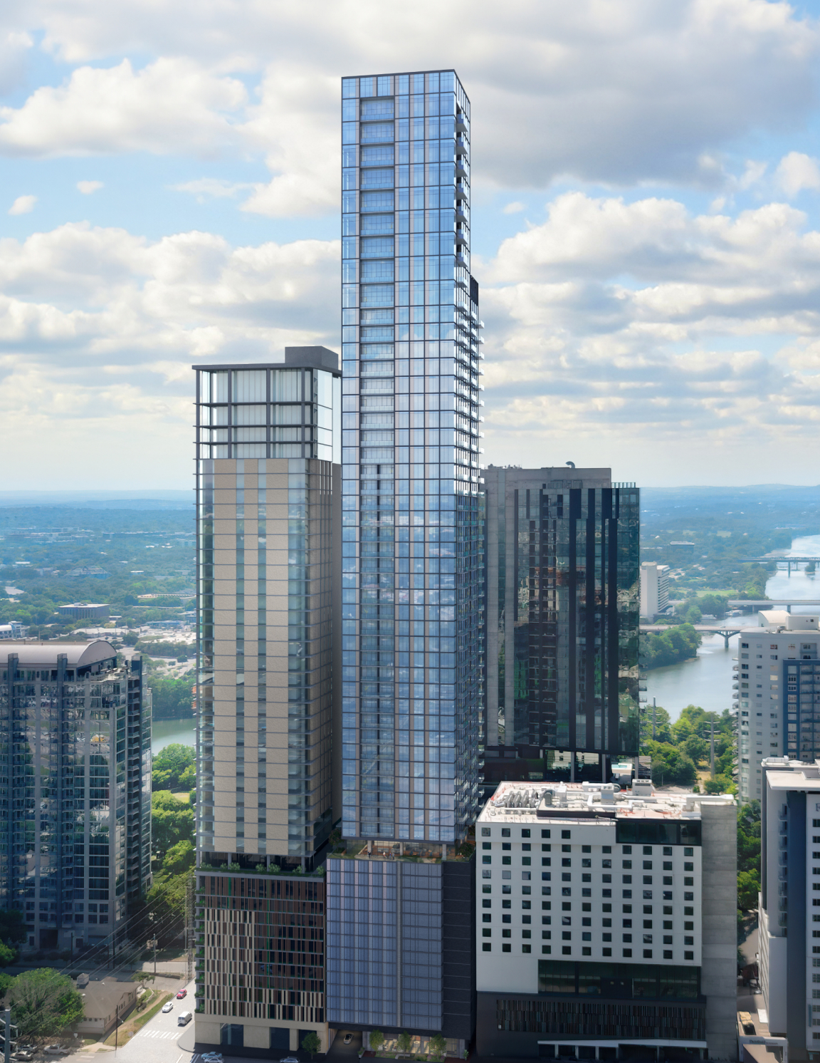 Exterior render of 62 East luxury residential development in East Austin by Pearlstone Partners.